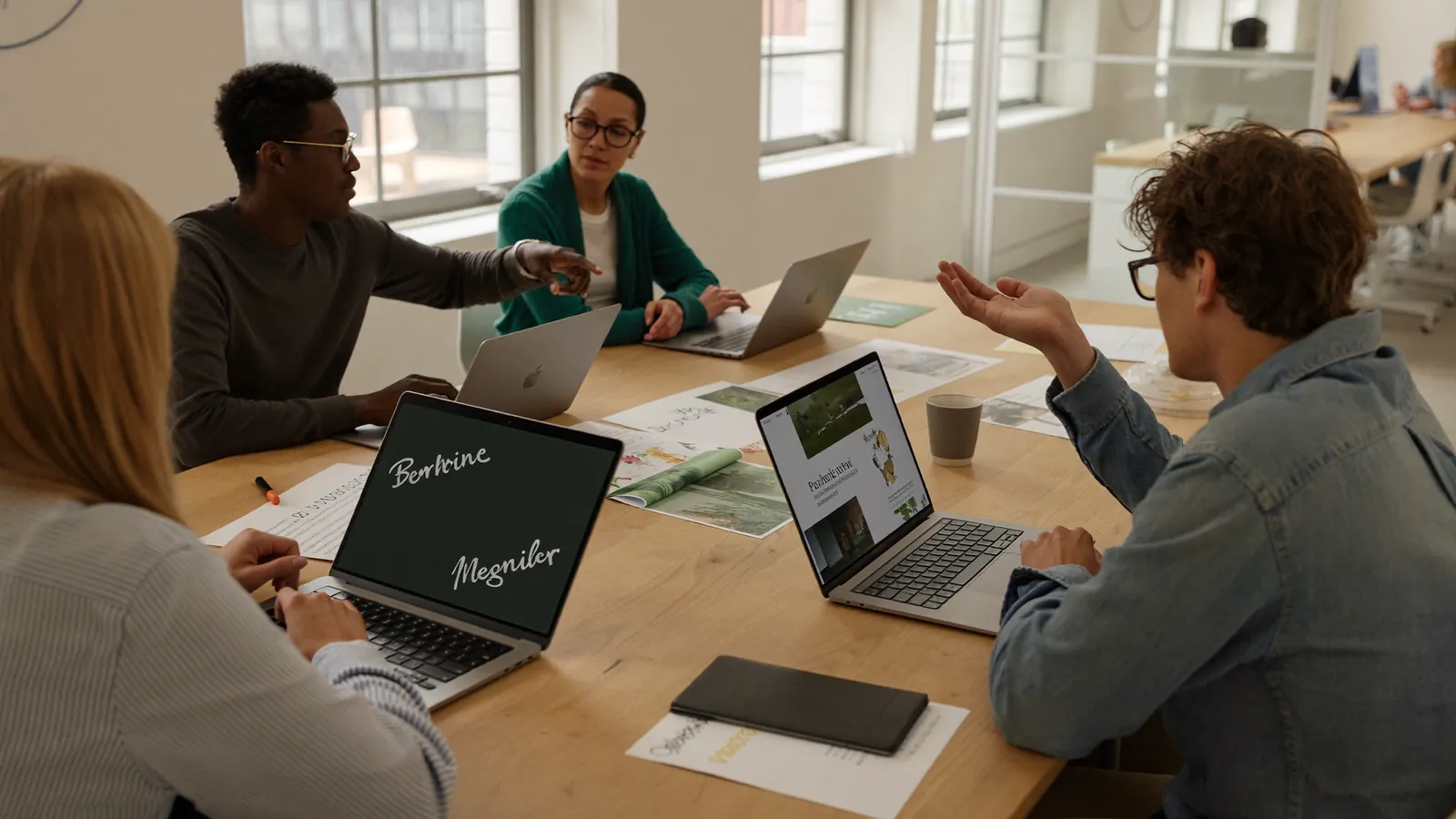 Four members of the Management Corn team reviewing printed campaign layouts around a table.
